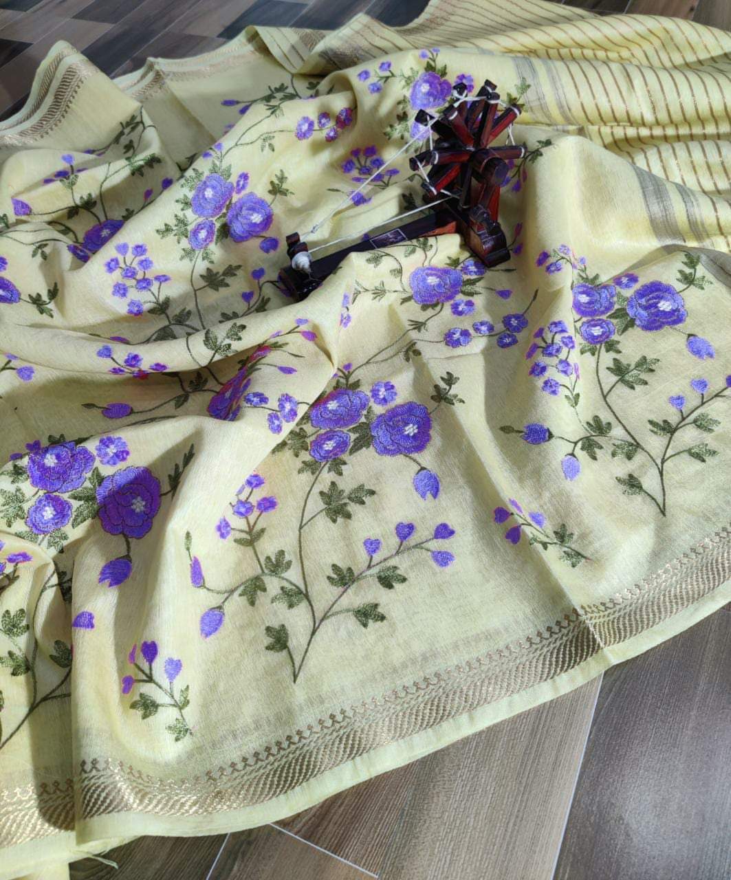 Light yellow pure silk linen embroidered sarees