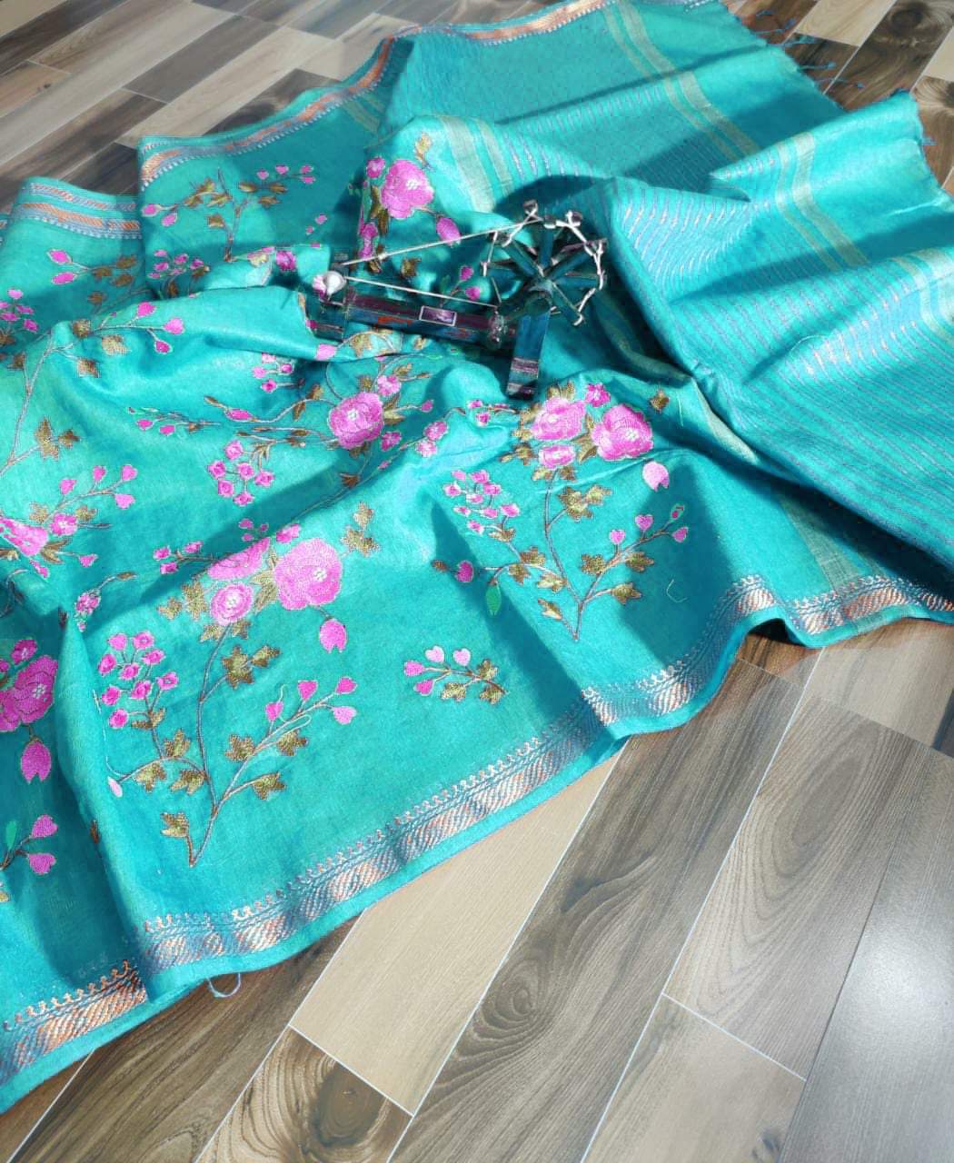 Sky blue pure silk linen embroidered sarees