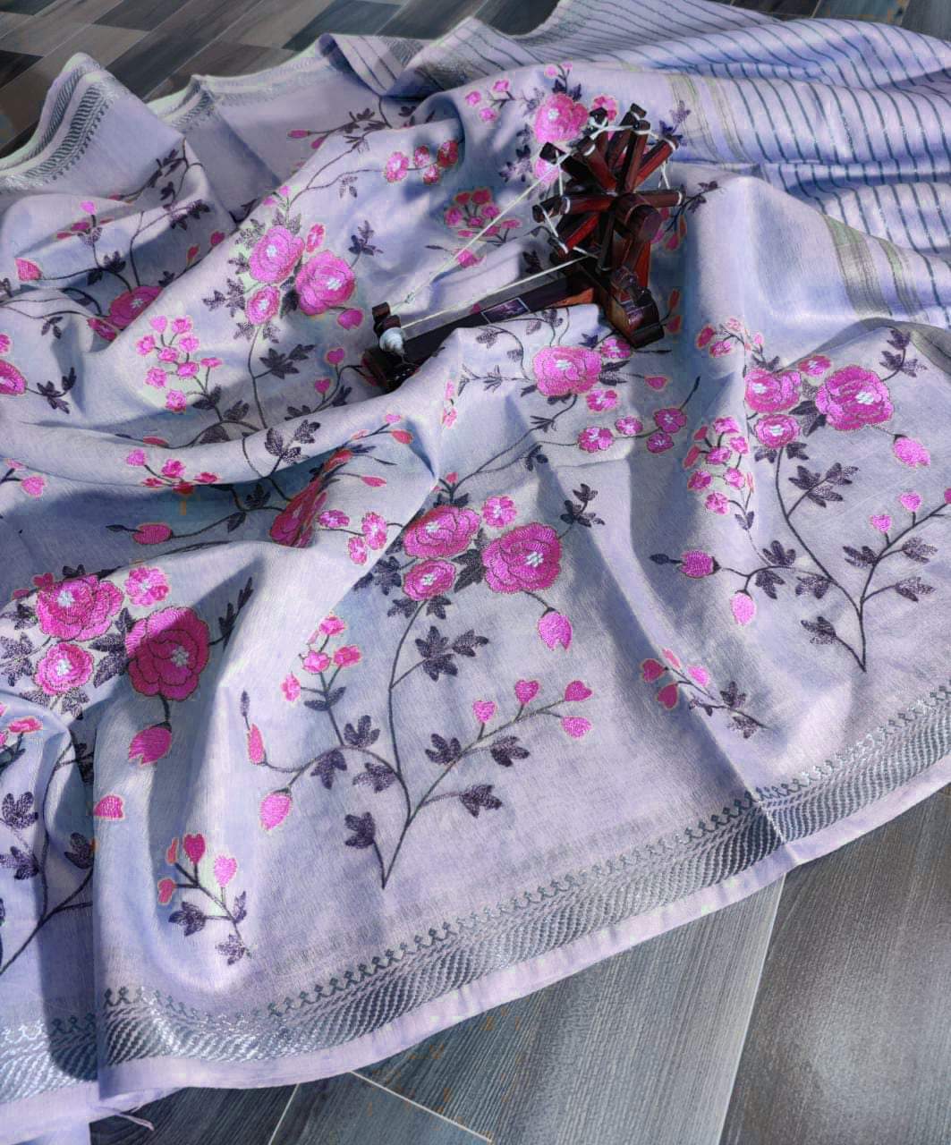Pastel purple pure silk linen embroidered sarees