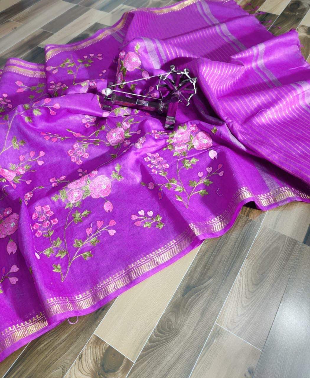 Dark pink pure silk linen embroidered sarees