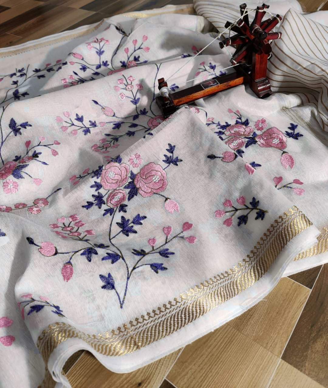 White pure silk linen embroidered sarees