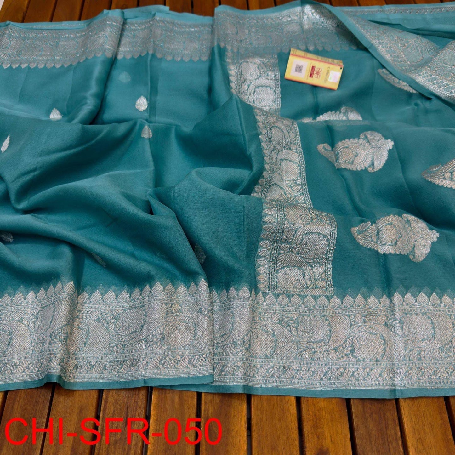 Dark sky blue pure banarasi georgette chiffon sarees