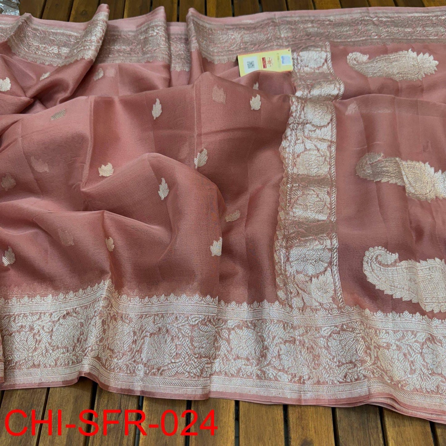 Dark peach pure banarasi georgette chiffon sarees