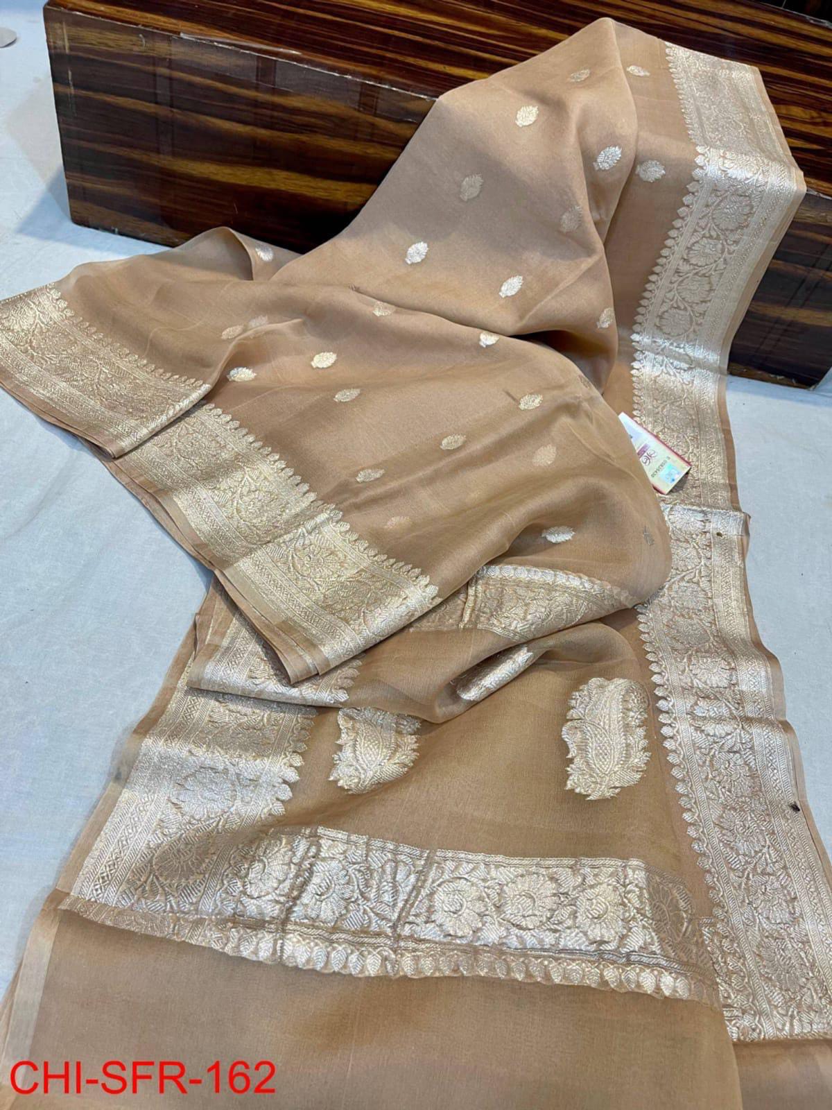 Light brown pure banarasi georgette chiffon sarees