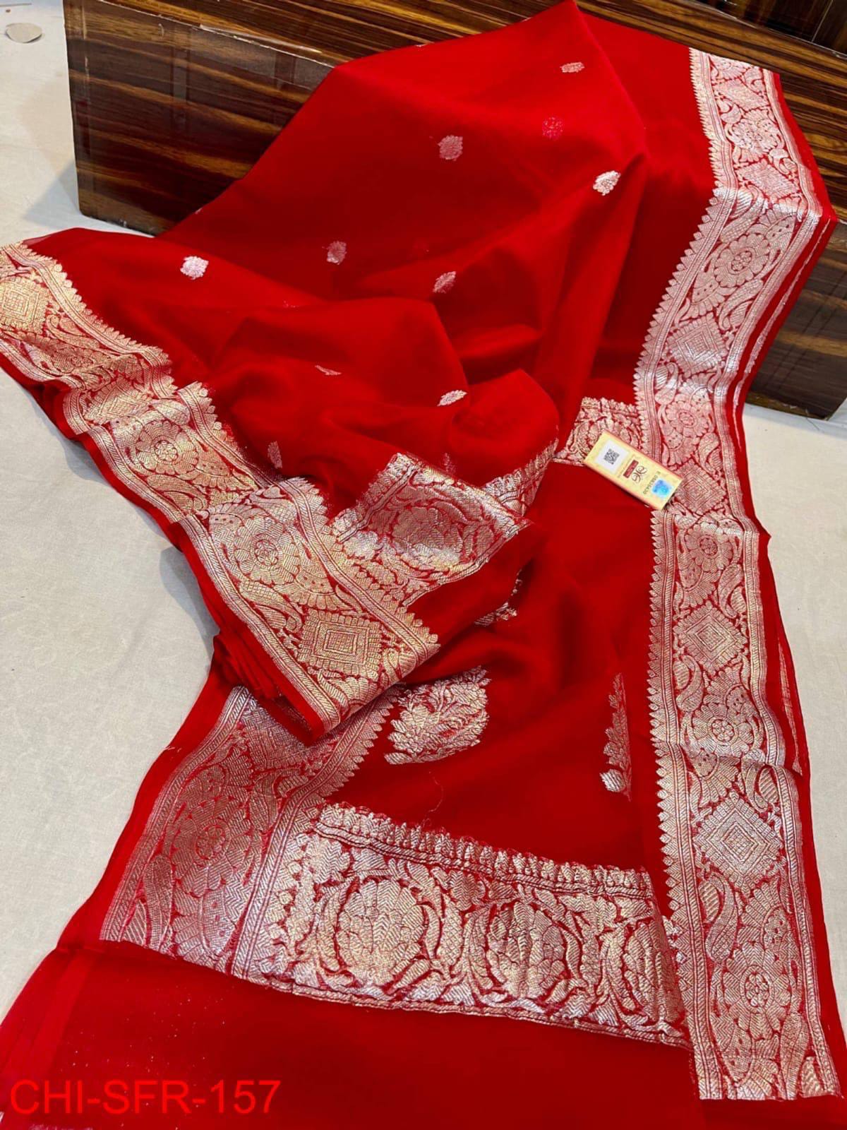 Dark red pure banarasi georgette chiffon sarees