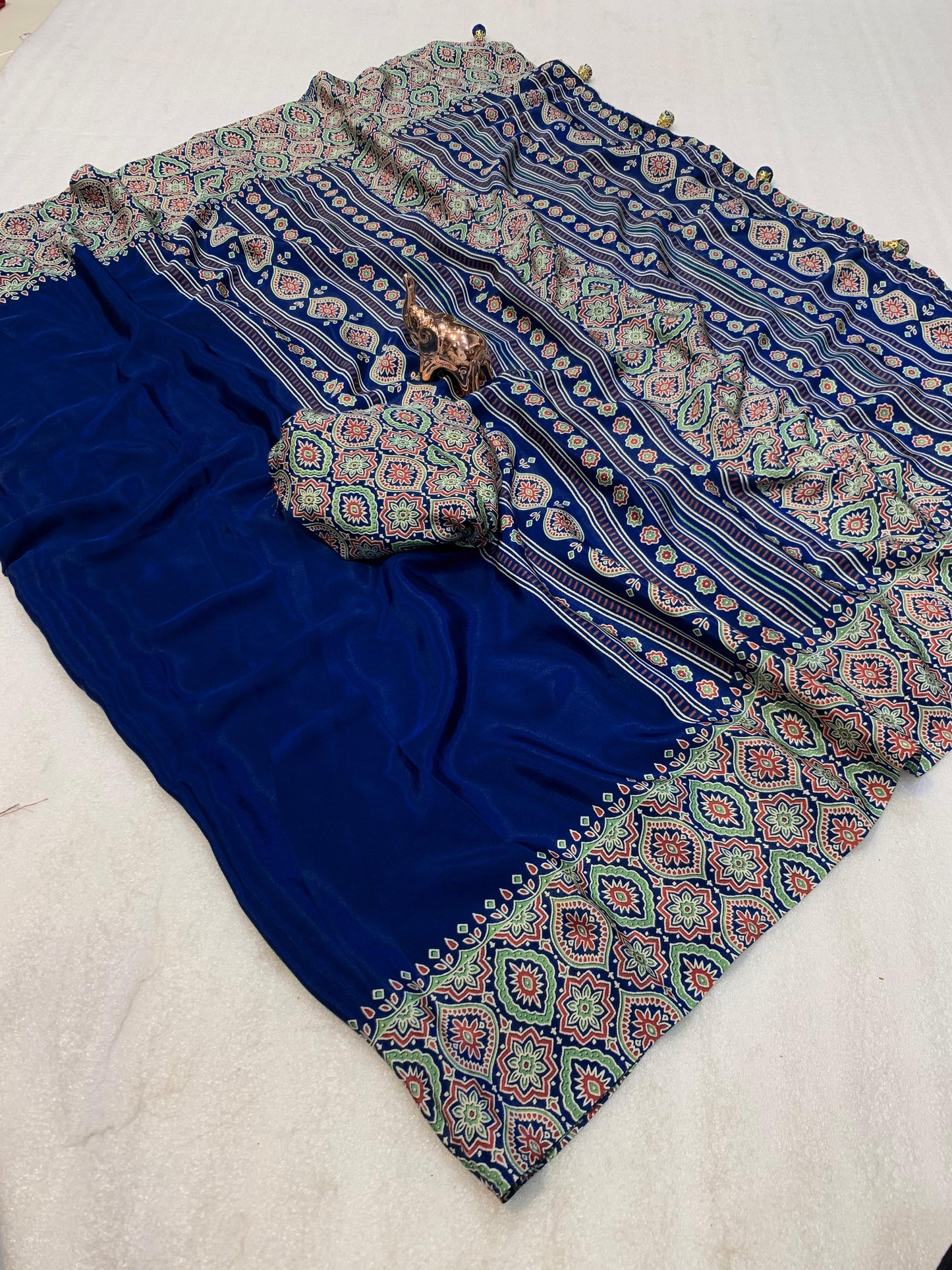 Pure crepe satin ajrakh sarees