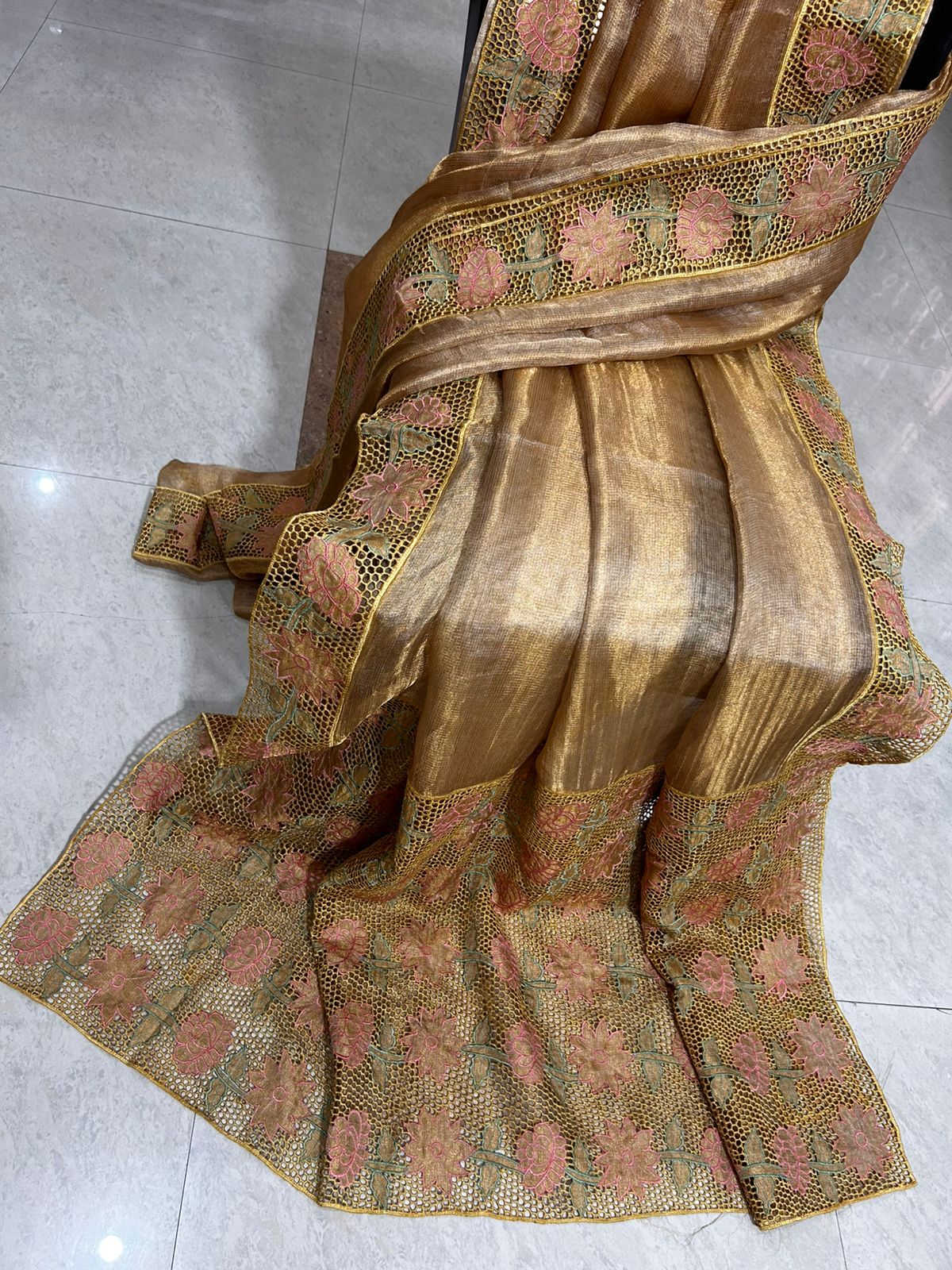 Gold cutwork pure tussar tissue silk sarees