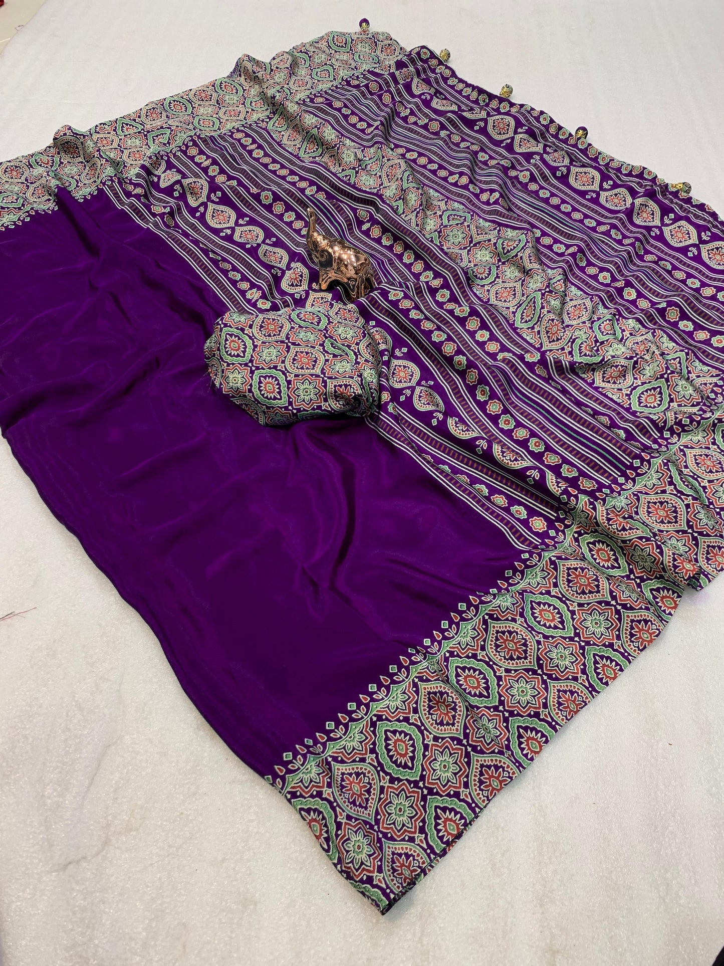 Pure crepe satin ajrakh sarees