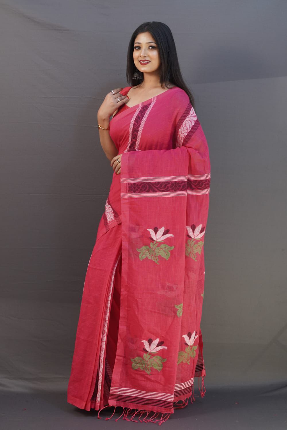 Pink 120 counts linen by linen jamdani sarees