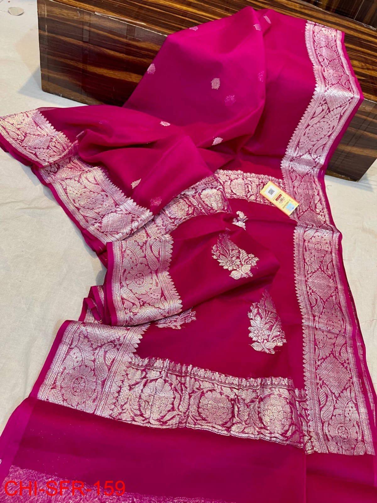 dark pink pure banarasi georgette chiffon sarees