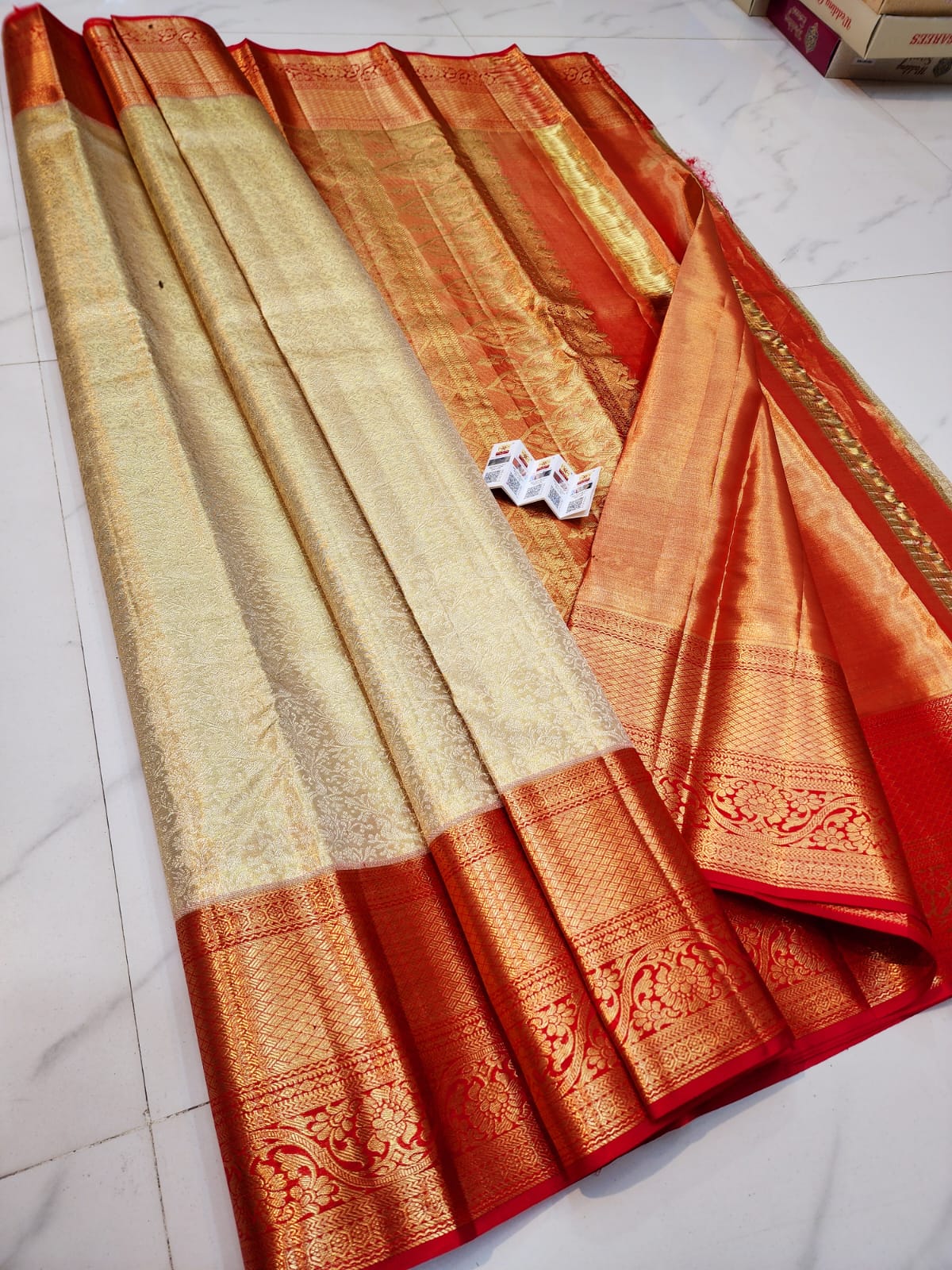 Cream pure kanchipuram bridal silk sarees