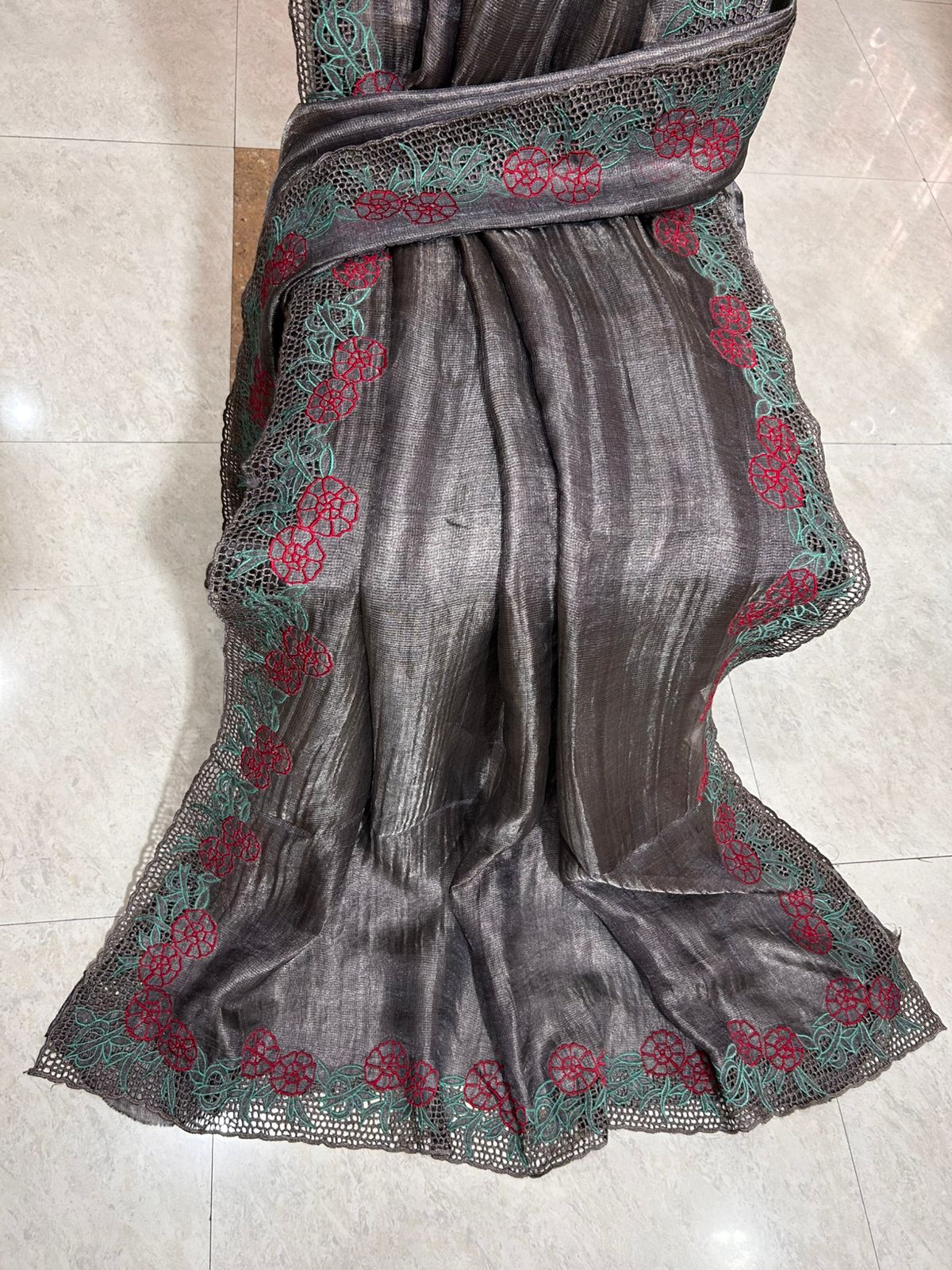 Dark grey cutwork pure tussar tissue silk sarees