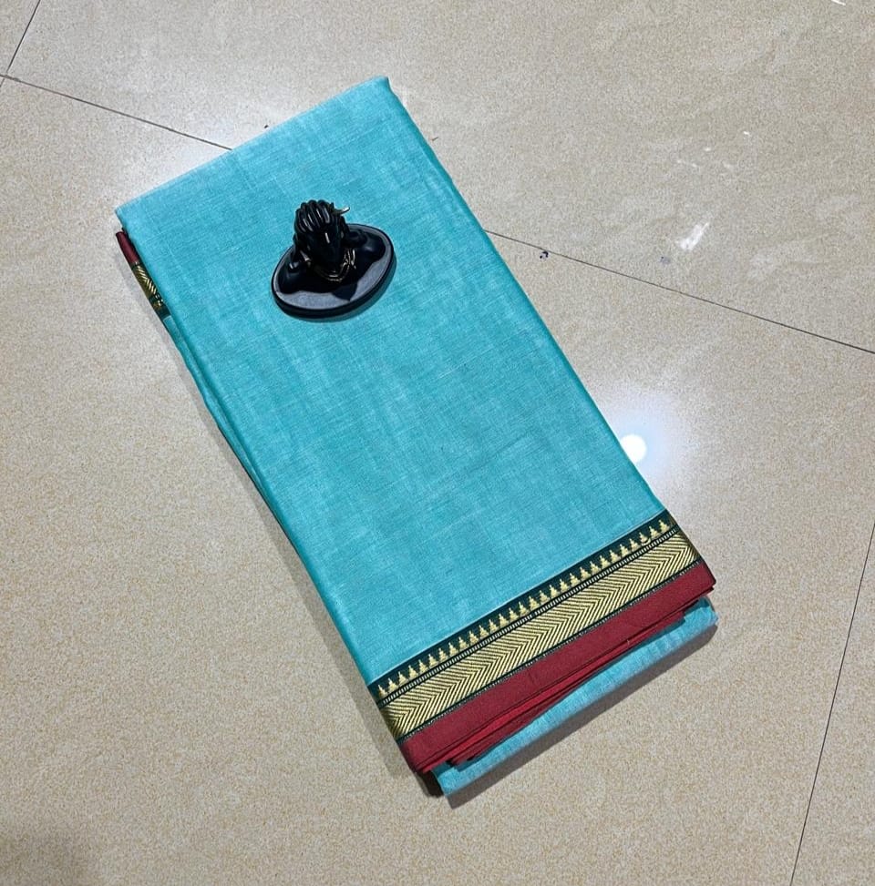 Turquoise mercerised Narayanpet Cotton sarees with thin border