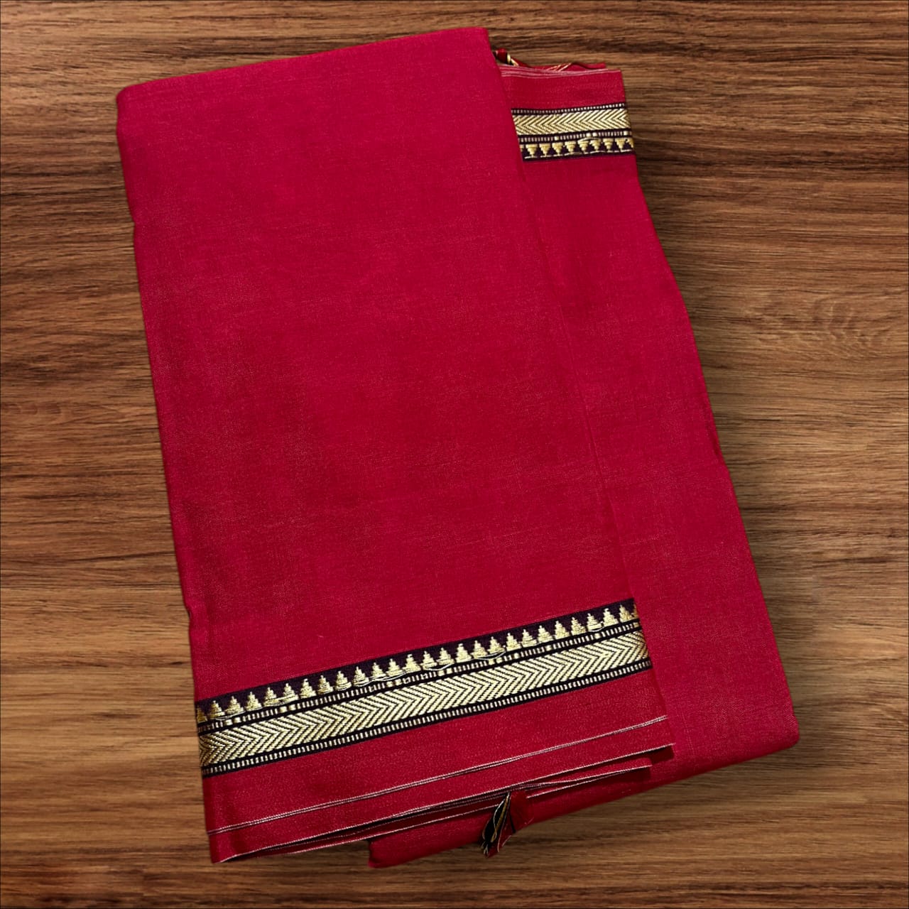 Deep red mercerised Narayanpet Cotton sarees with thin border
