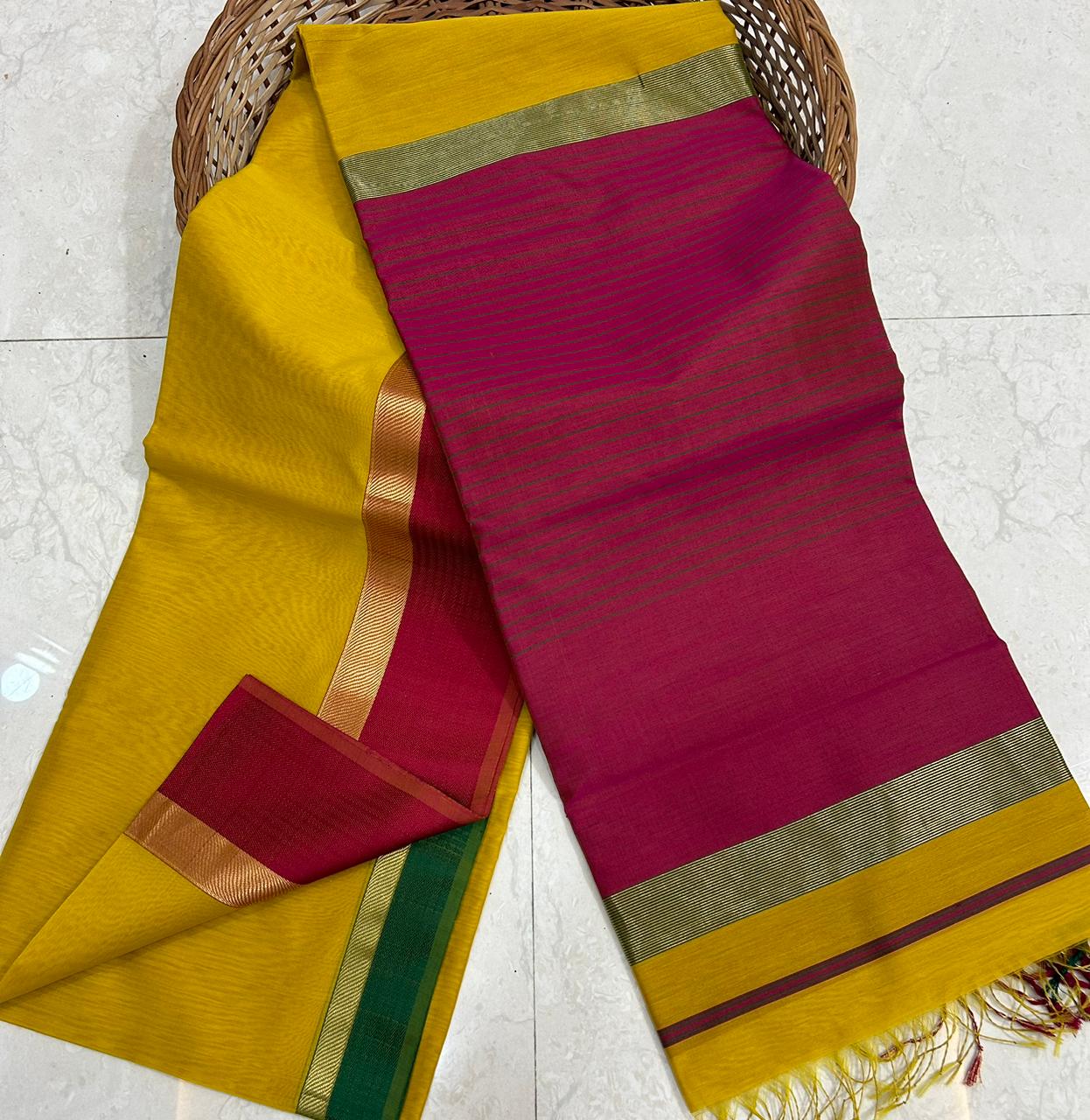 Yellow and red pure handloom Maheshwari sarees