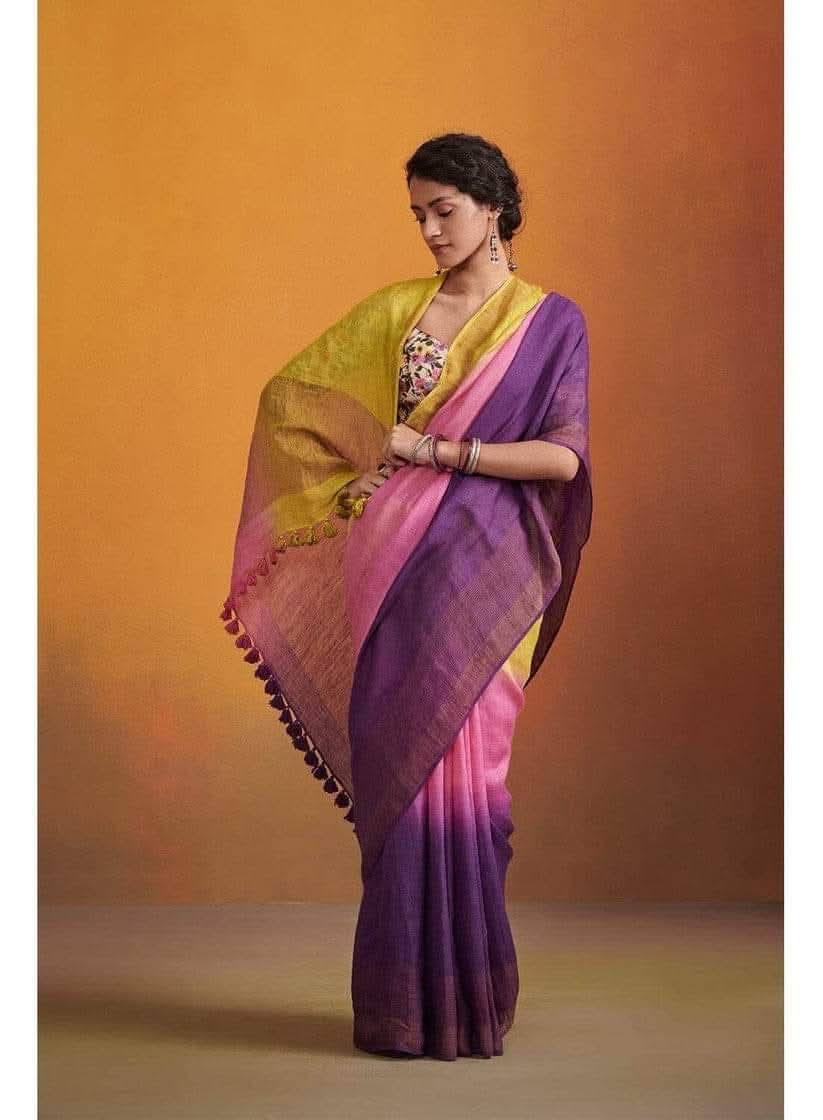 Purple with trishade linen by linen sarees