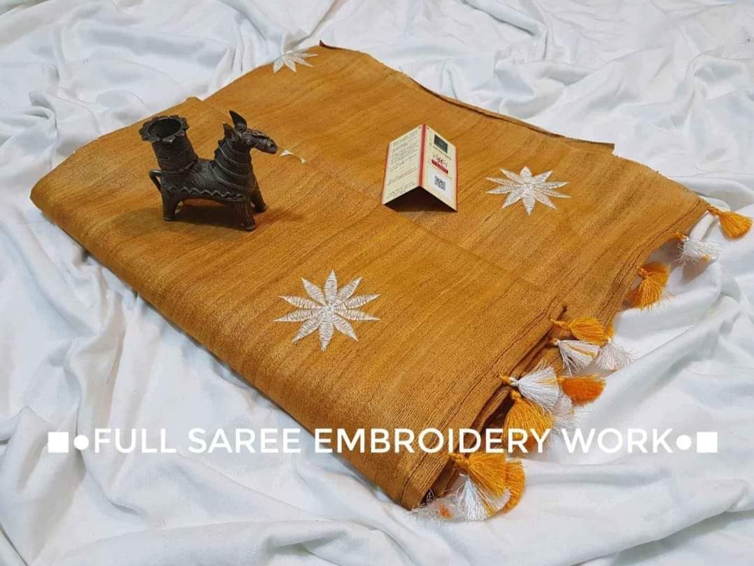 Pure Tussar Ghicha Embroidery sarees