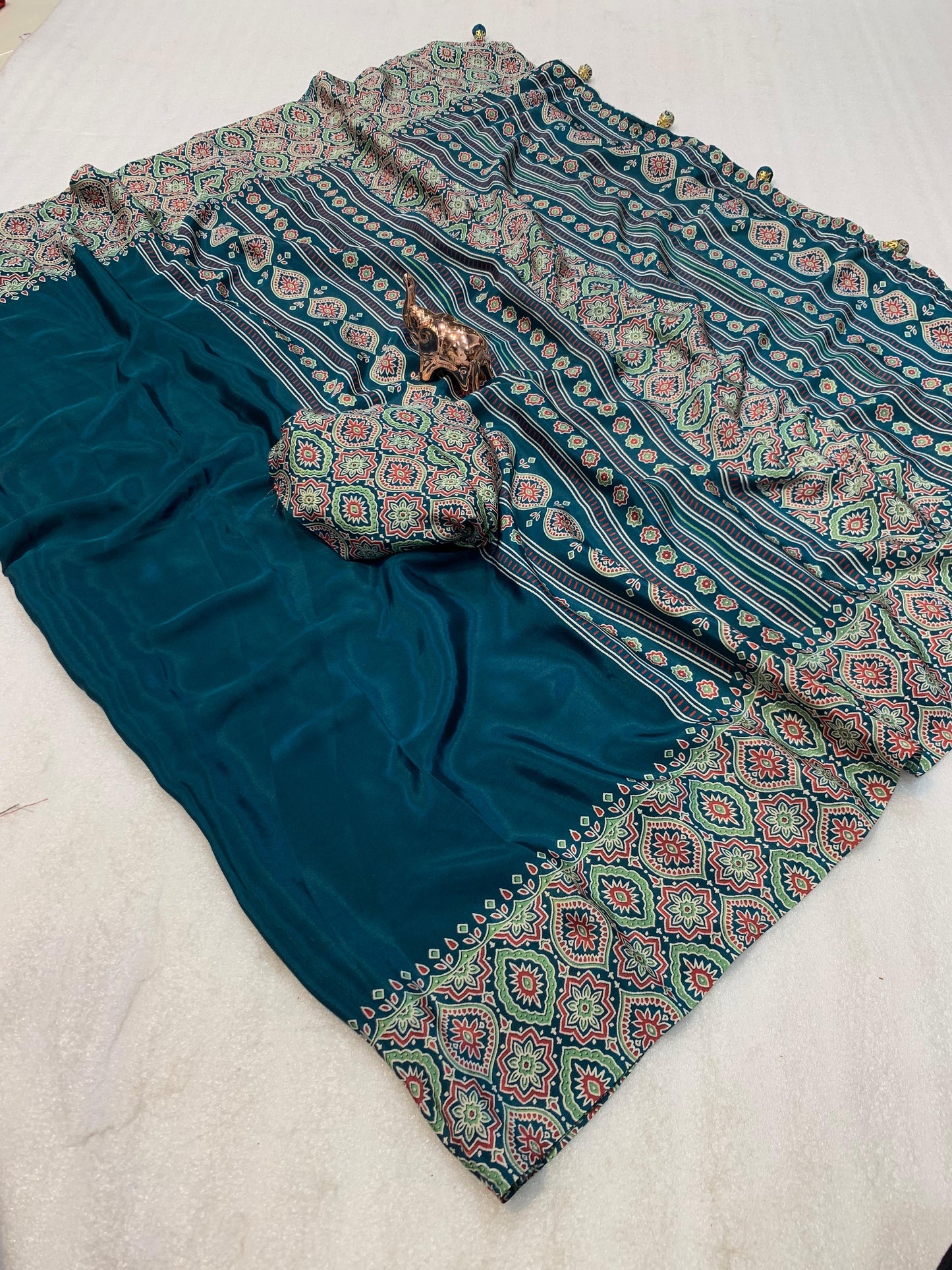 Pure crepe satin ajrakh sarees