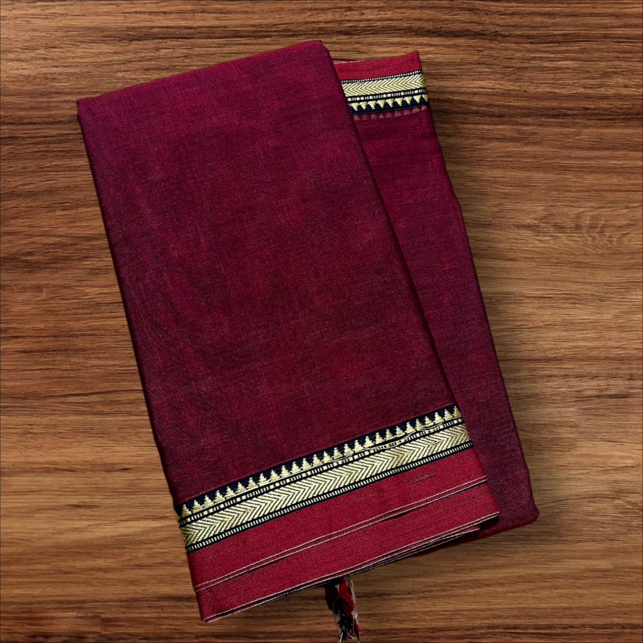 Dark maroon mercerised Narayanpet Cotton sarees with thin border