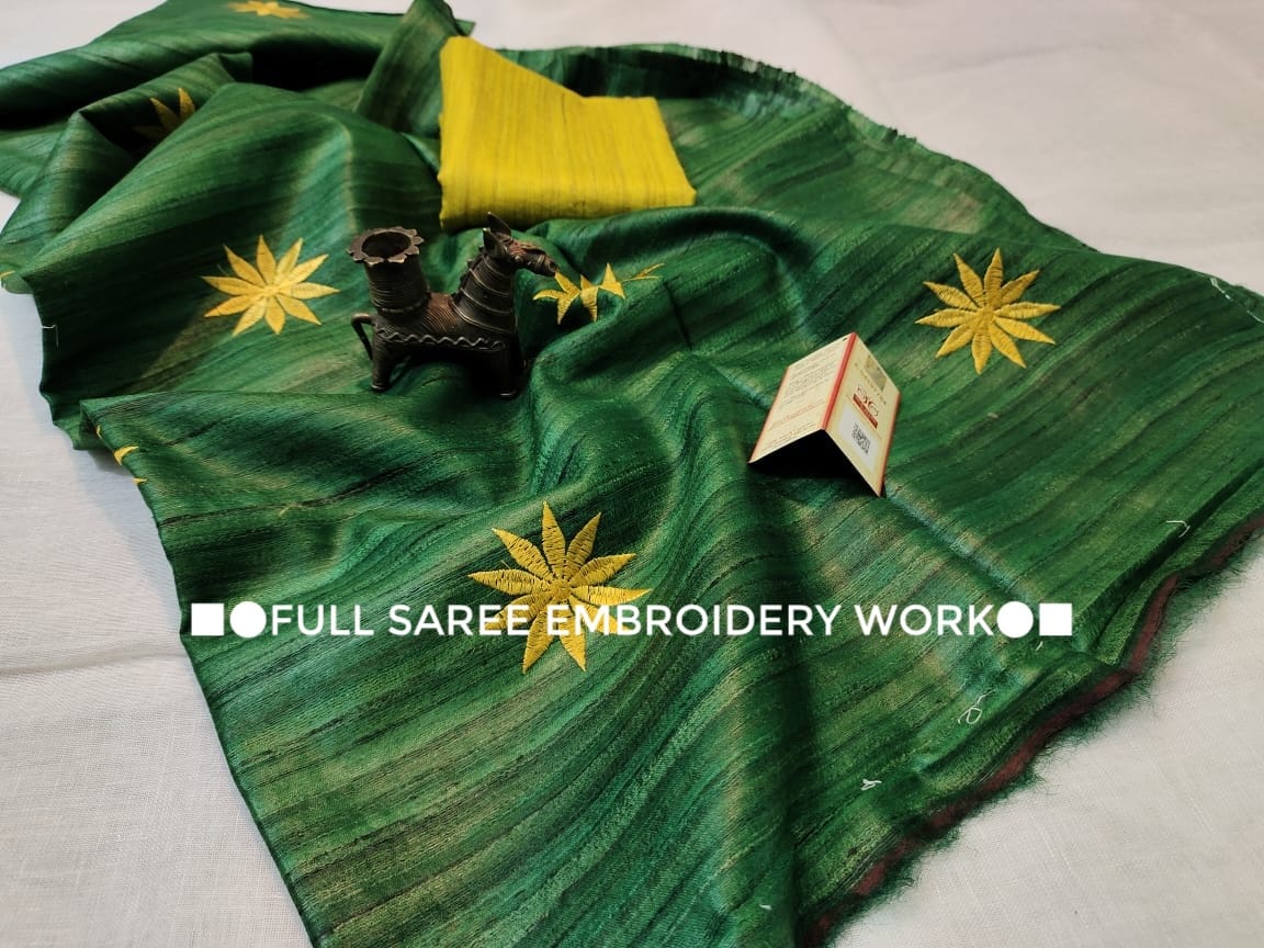 Pure Tussar Ghicha Embroidery sarees