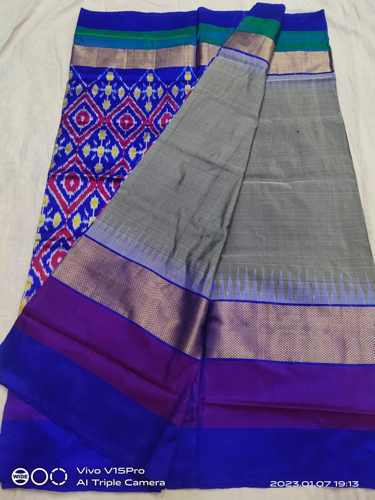 Grey with dark blue pochampally ikkat silk sarees