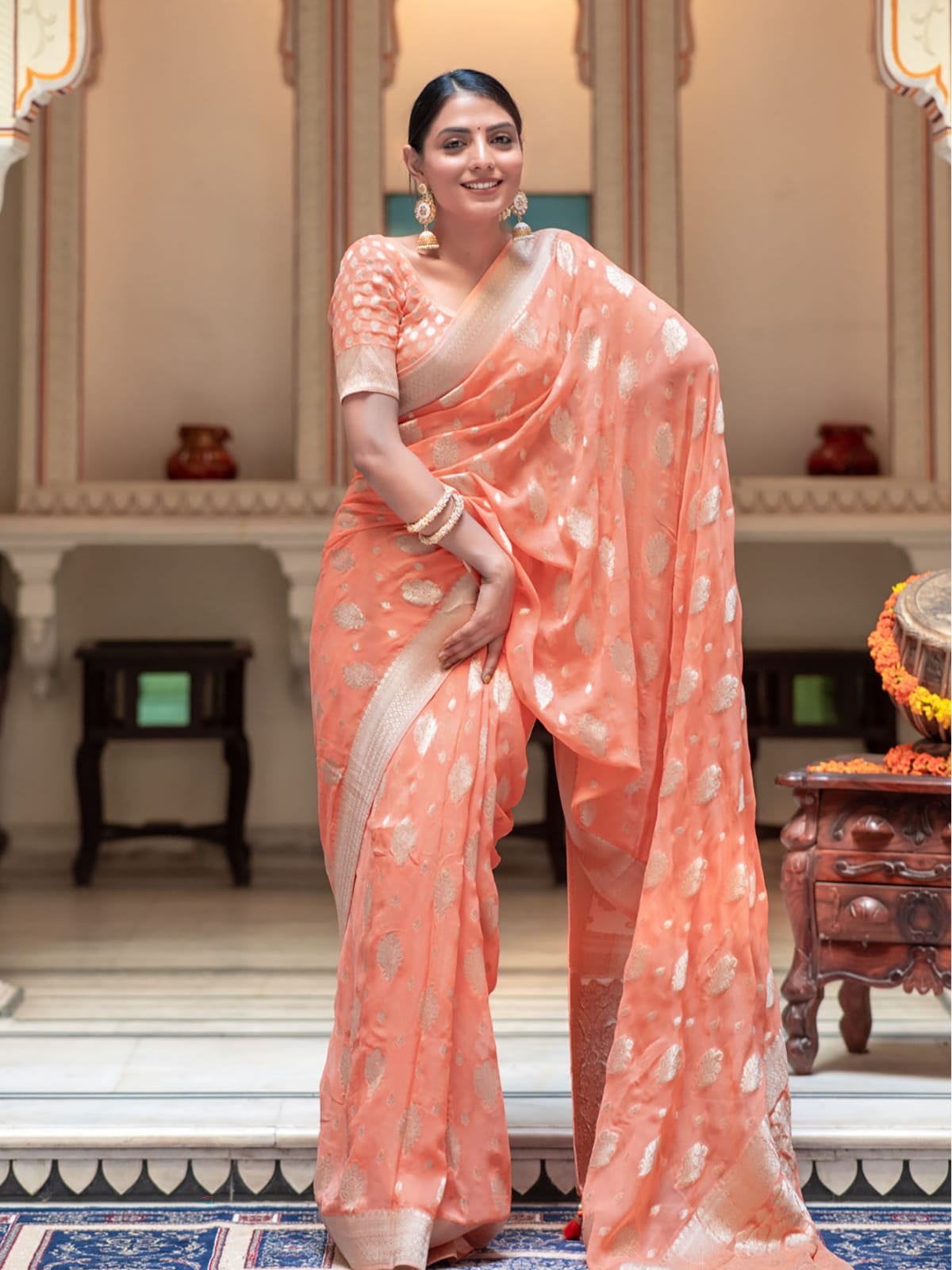 Peach semi Banarasi Georgette silk sarees