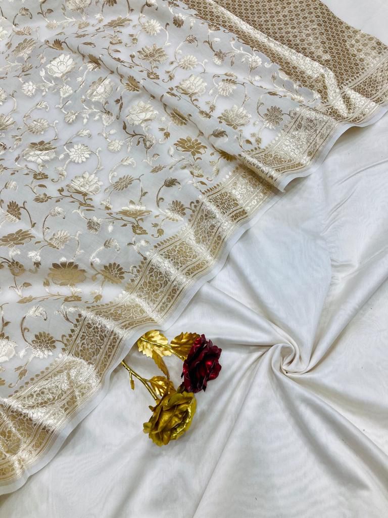 Off white Banarasi plain chanderi silk suit