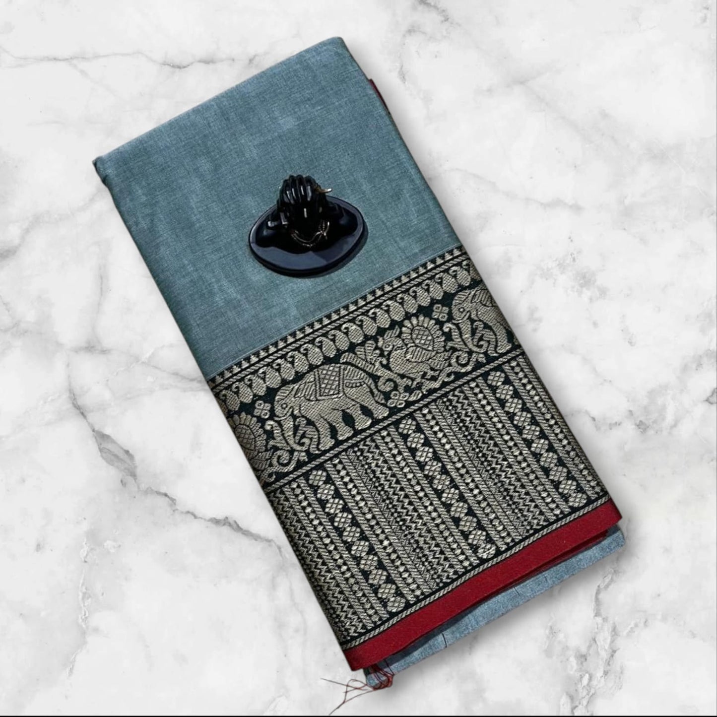 Pastel green Narayanpet Cotton sarees with elephant border