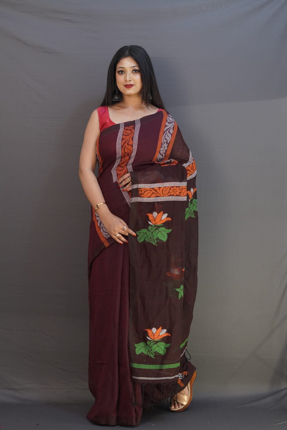 Dark chocolate brown 120 counts linen by linen jamdani sarees