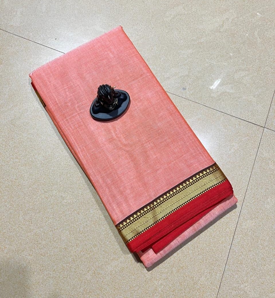 Peach mercerised Narayanpet Cotton sarees with thin border