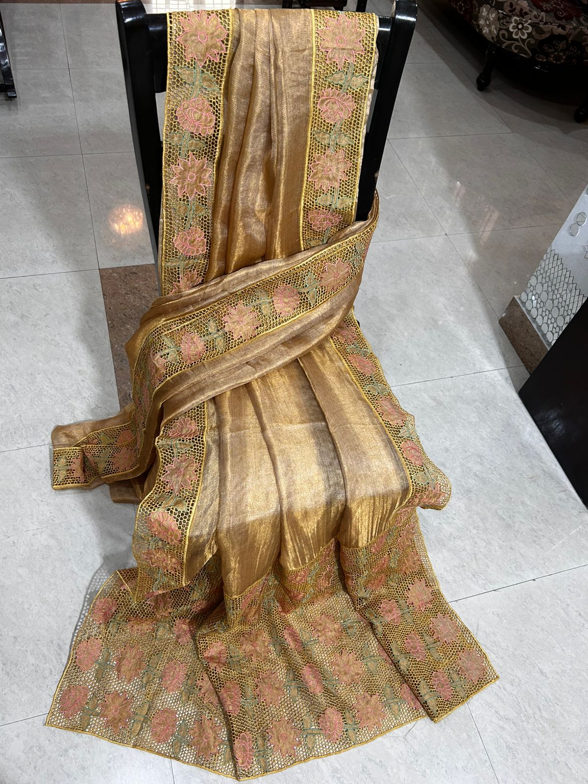 Gold cutwork pure tussar tissue silk sarees