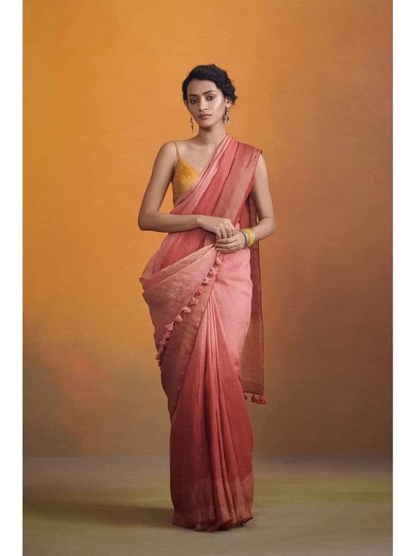 Brick red with trishade linen by linen sarees