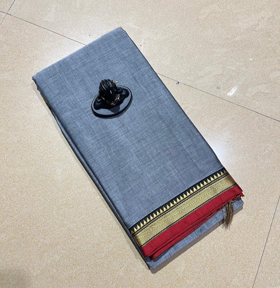 Silver grey mercerised Narayanpet Cotton sarees with thin border