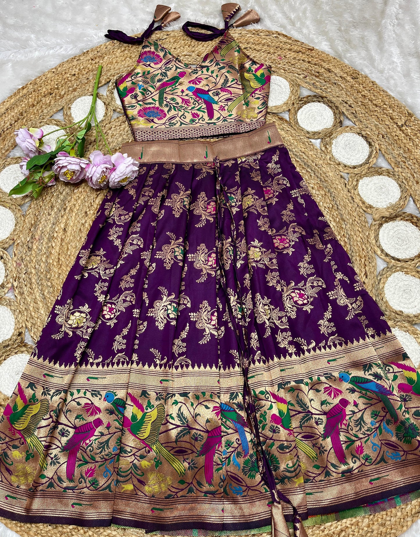 Dark violet Paithani lehenga for kids