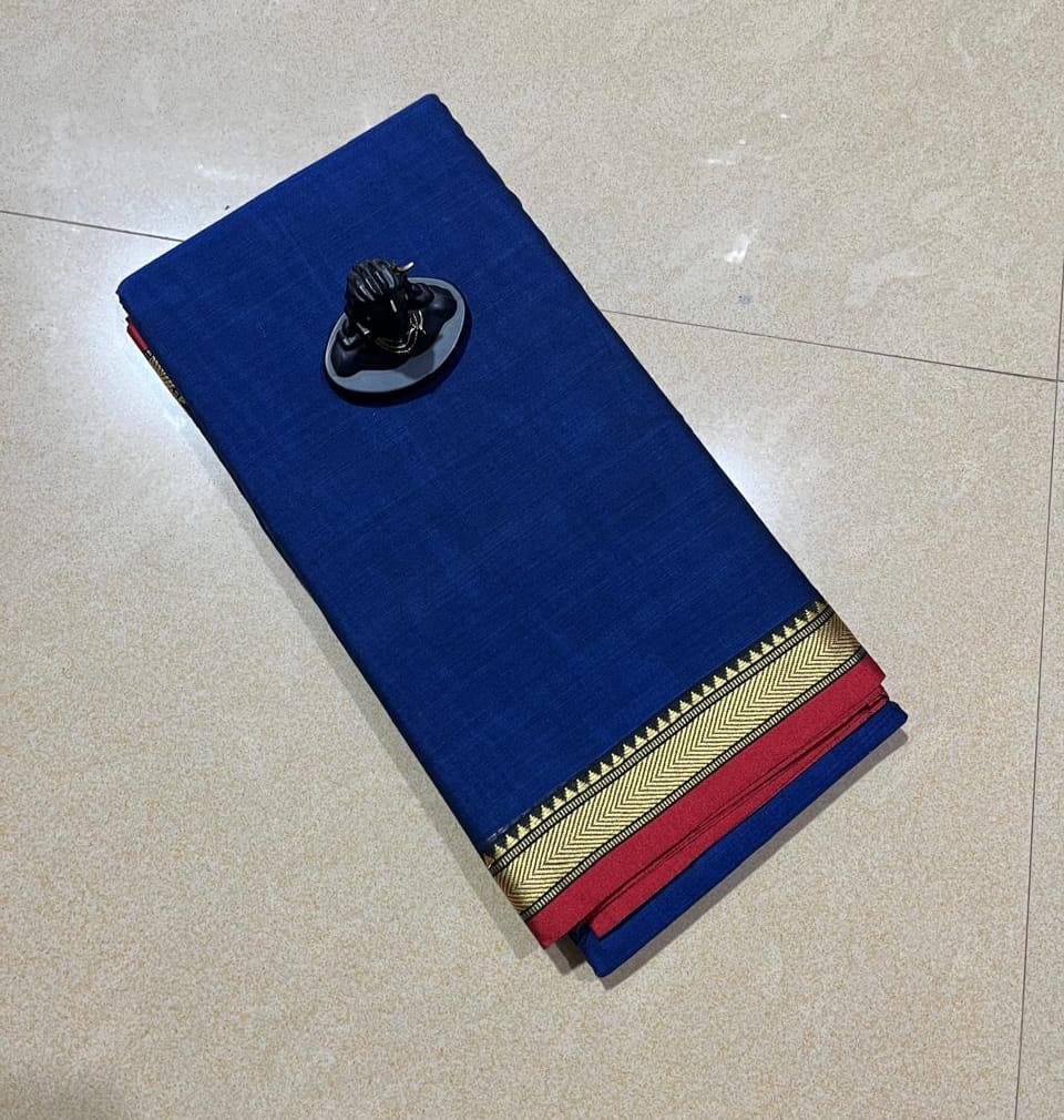 Royal blue mercerised Narayanpet Cotton sarees with thin border