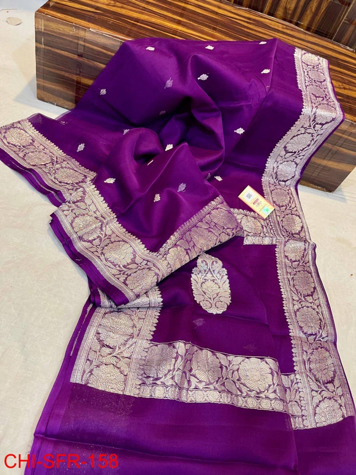 Dark violet pure banarasi georgette chiffon sarees