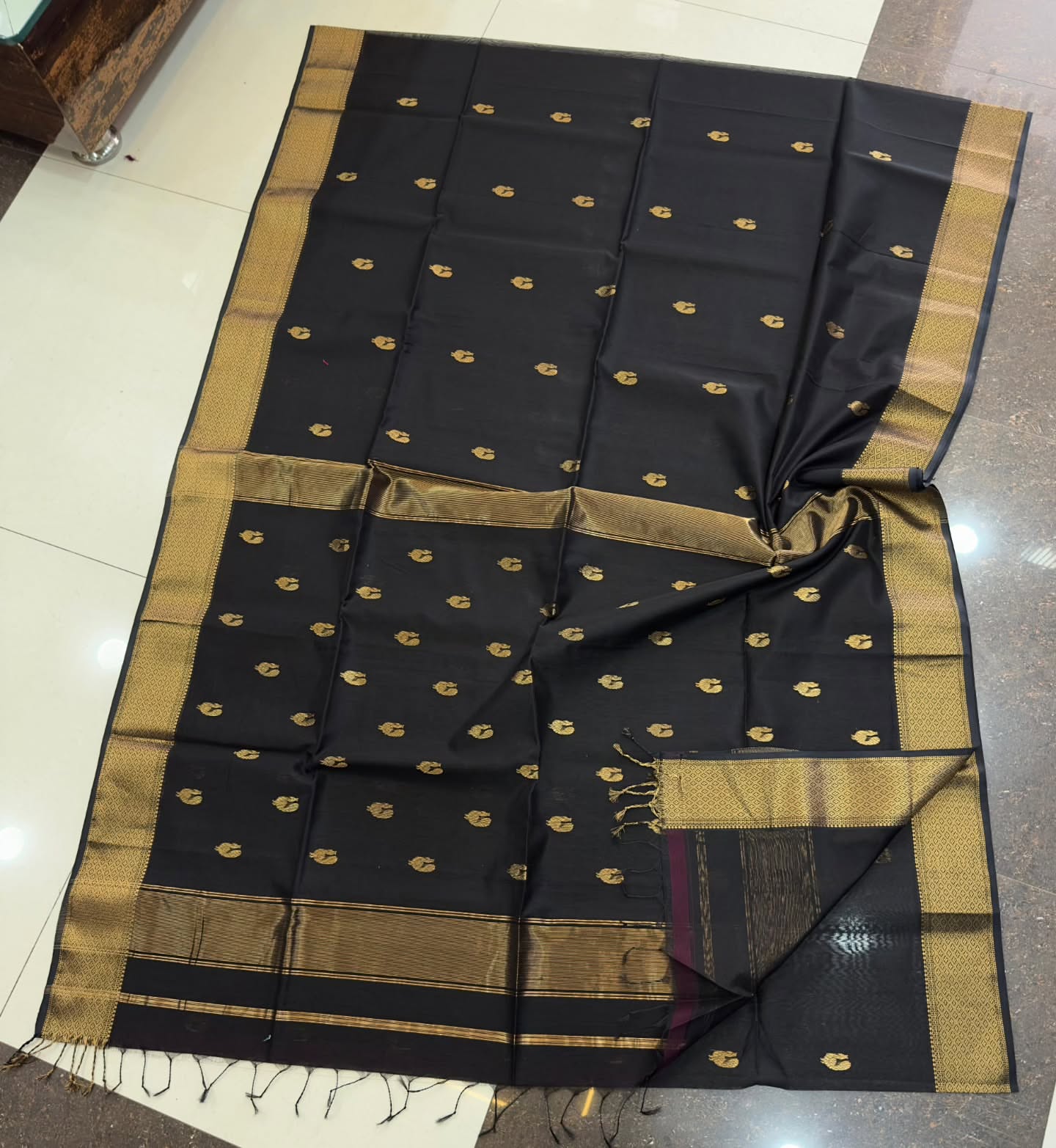 Black Maheshwari silk with butti work