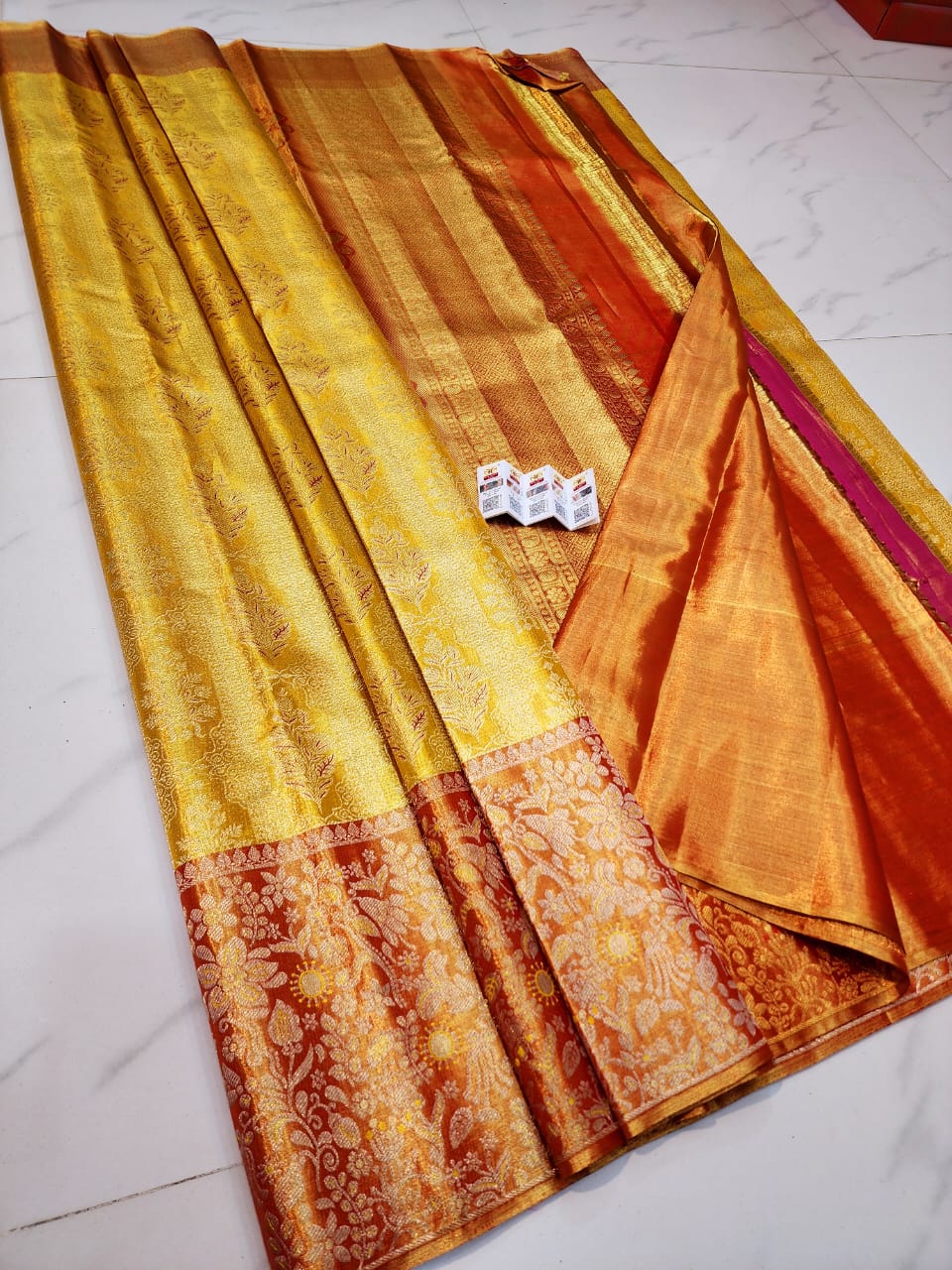 Dark yellow pure kanchipuram bridal silk sarees