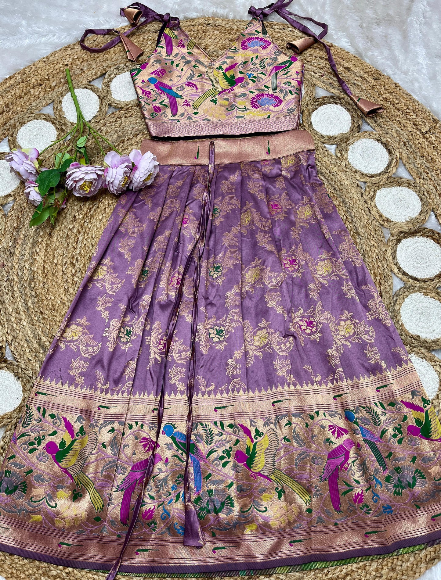 Dark lilac Paithani lehenga for kids