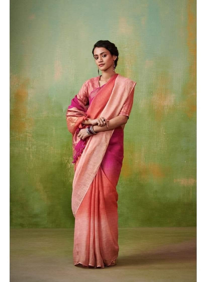Peach with trishade linen by linen sarees