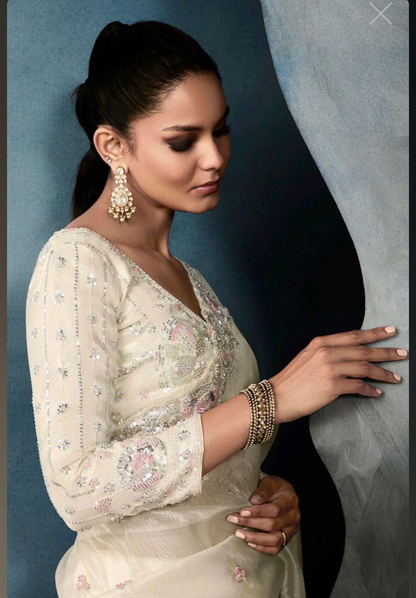 Off white crushed embroidered sarees