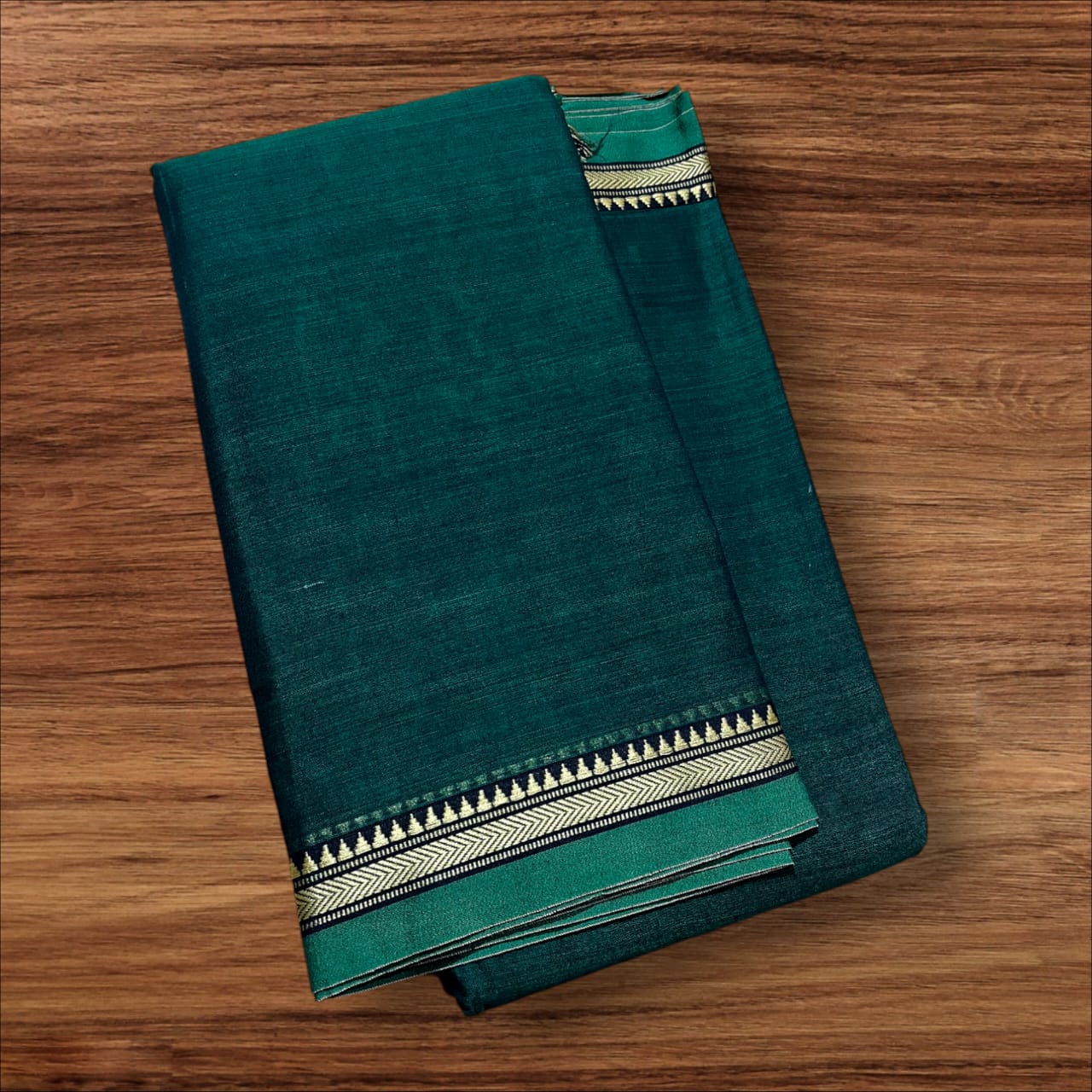 Bottle green mercerised Narayanpet Cotton sarees with thin border