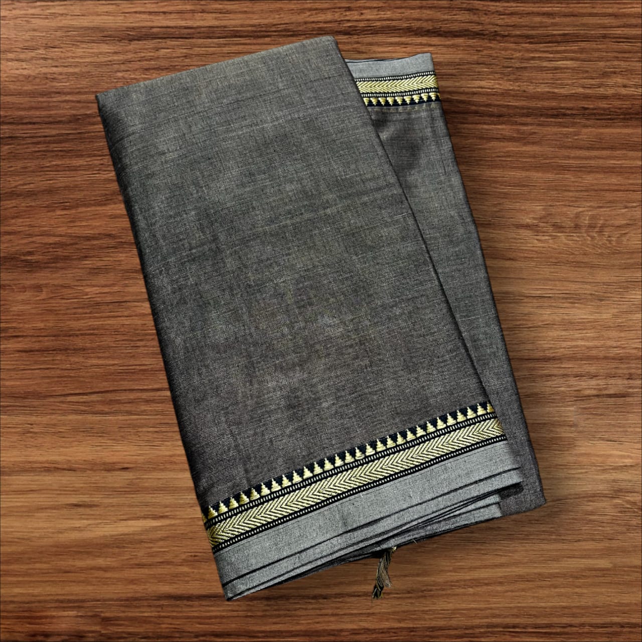 Dark grey mercerised Narayanpet Cotton sarees with thin border