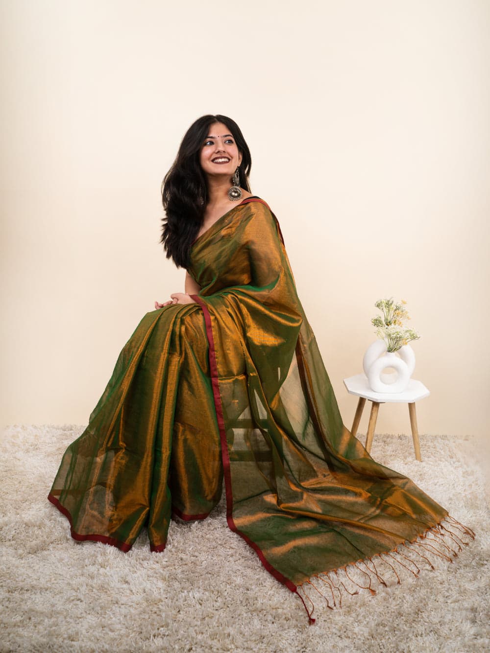 Dark green khadi Tissue cotton sarees