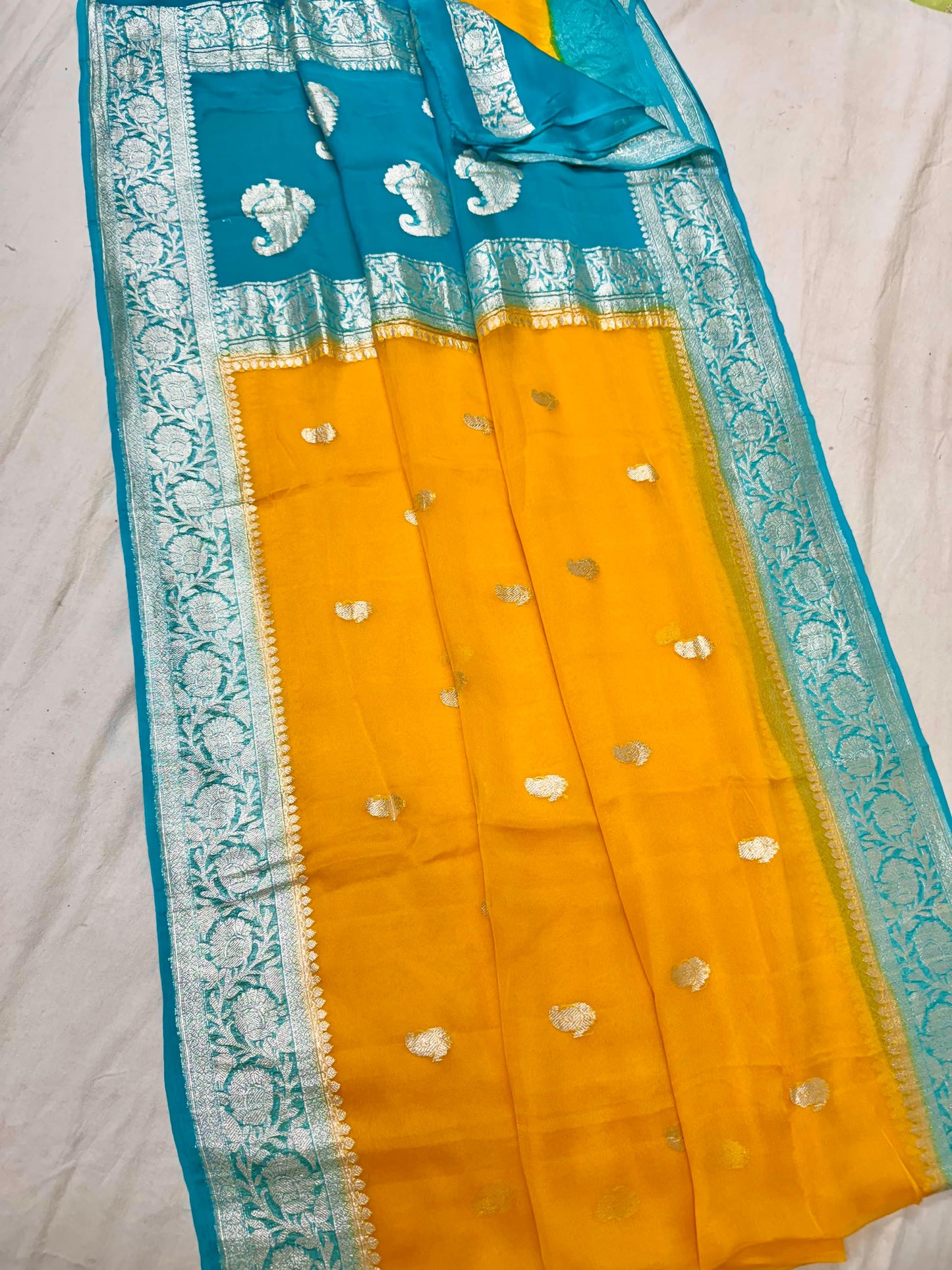 Mango yellow pure banarasi georgette chiffon sarees