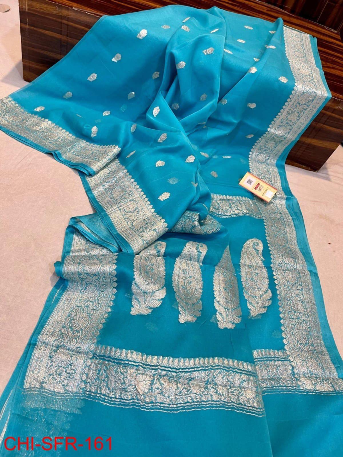 Sky blue pure banarasi georgette chiffon sarees