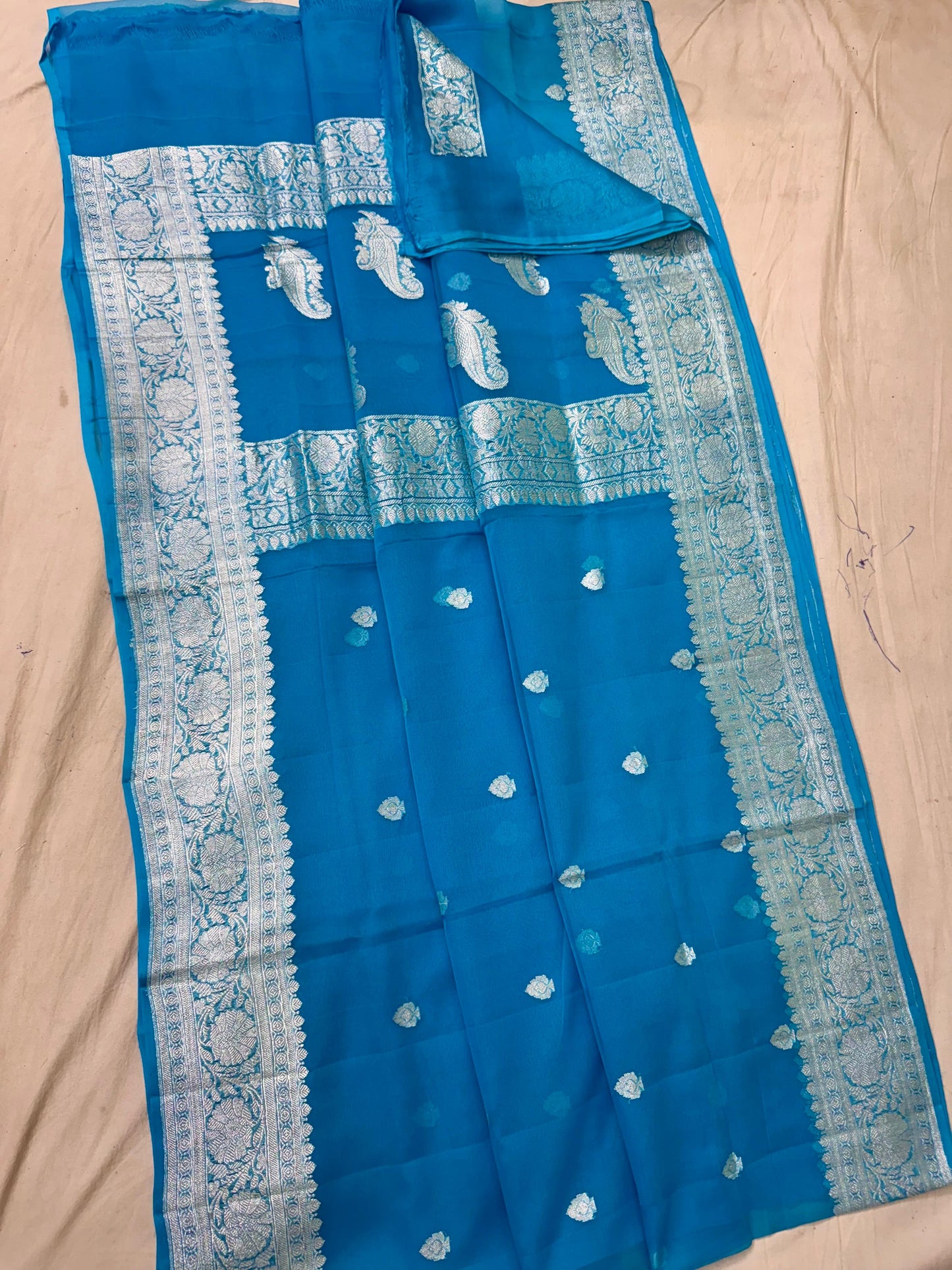 Peacock blue pure banarasi georgette chiffon sarees