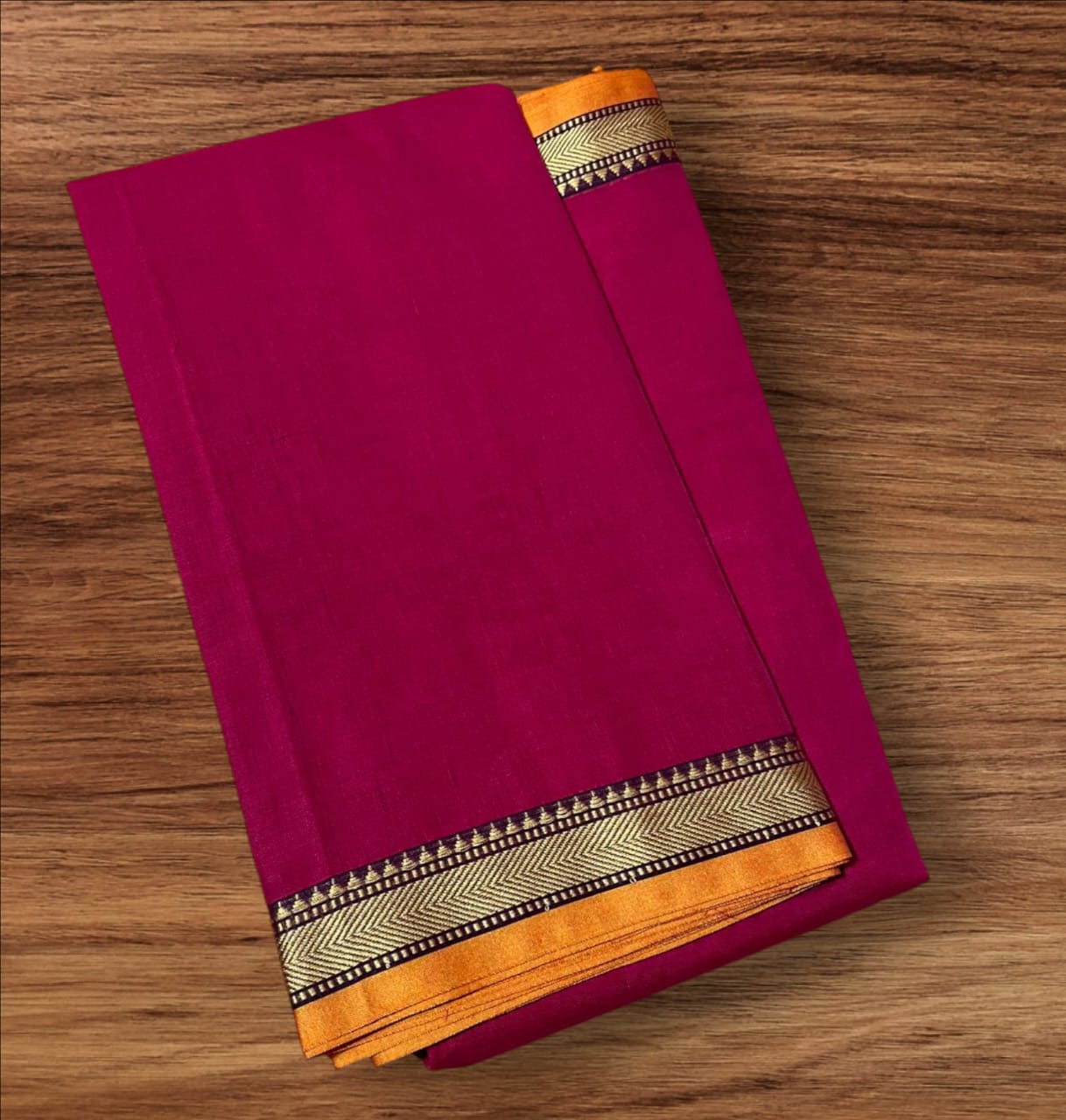 Dark red mercerised Narayanpet Cotton sarees with thin border