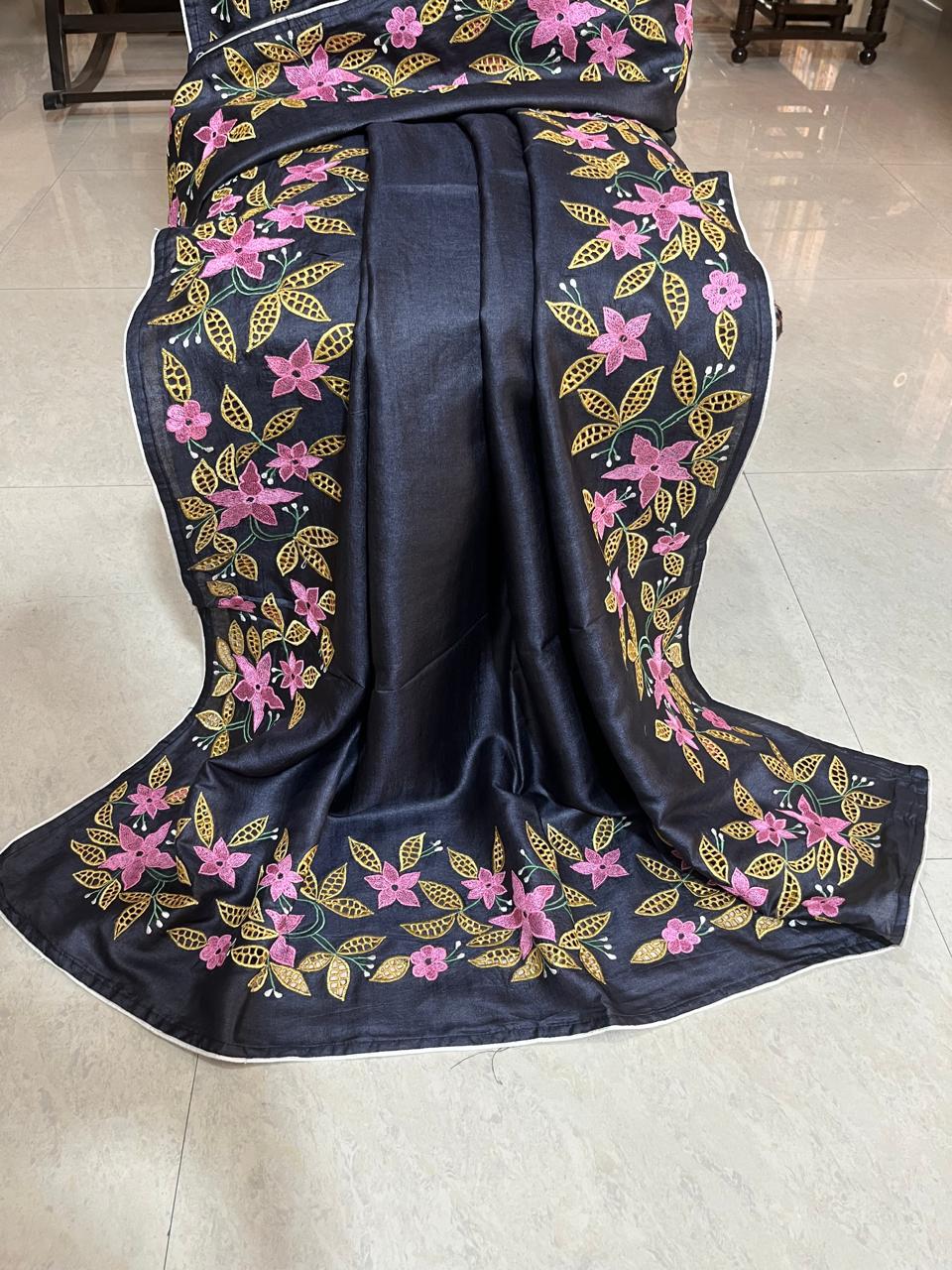Black cutwork pure tussar silk sarees