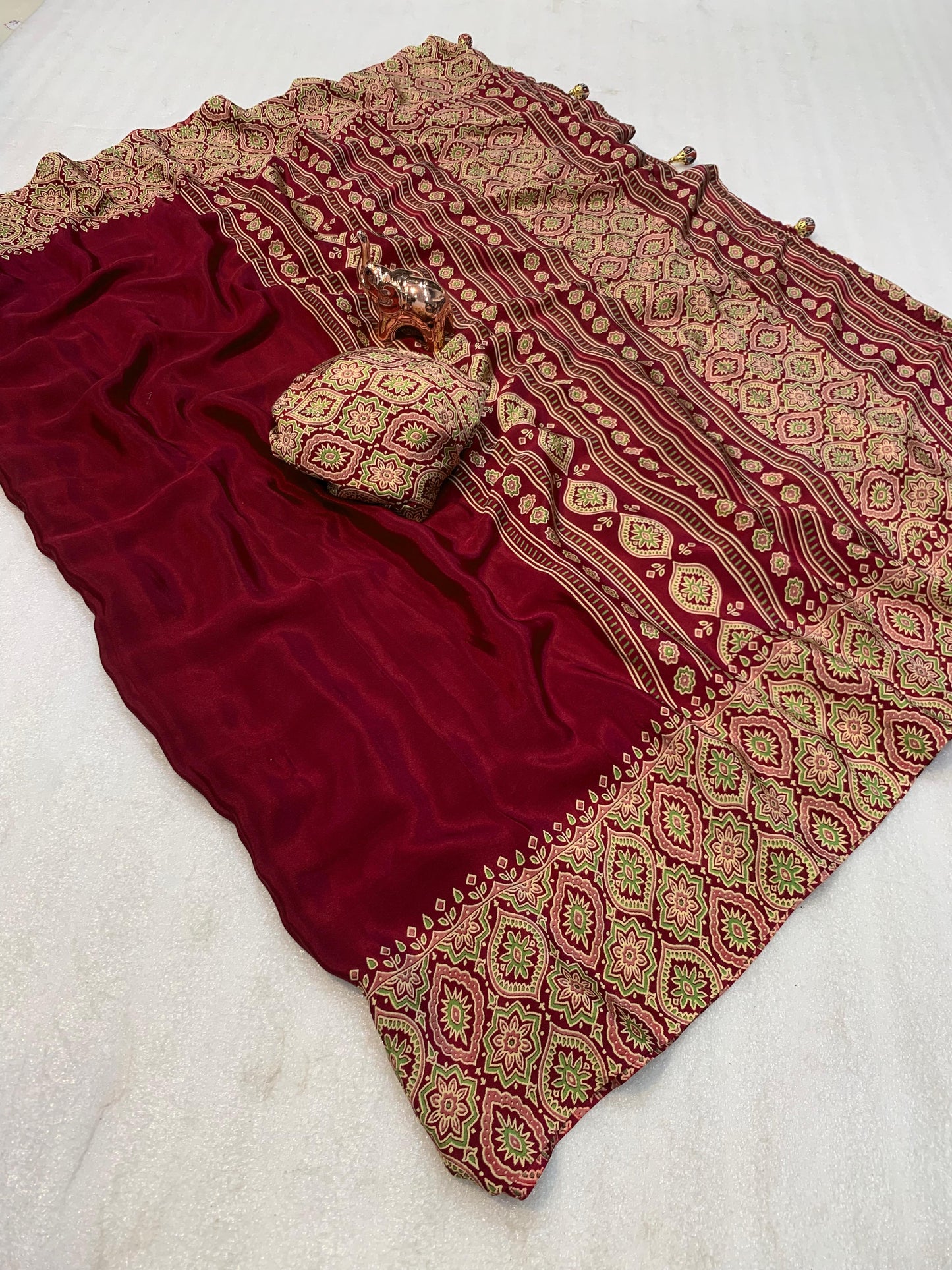 Pure crepe satin ajrakh sarees